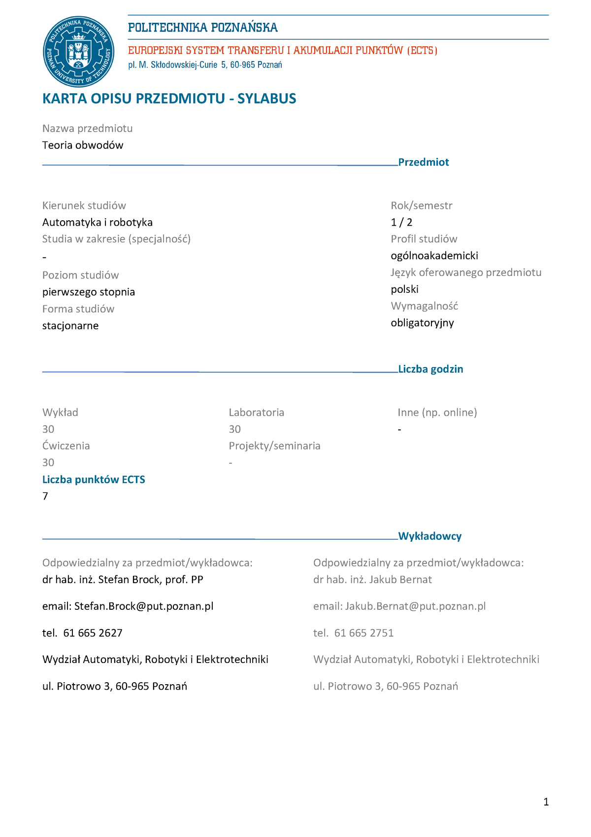 Teoria Obwodów - Do Nauki - KARTA OPISU PRZEDMIOTU - SYLABUS Nazwa ...