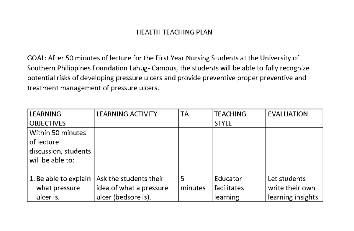 Health teaching plan HEALTH TEACHING PLAN GOAL After 50 minutes of