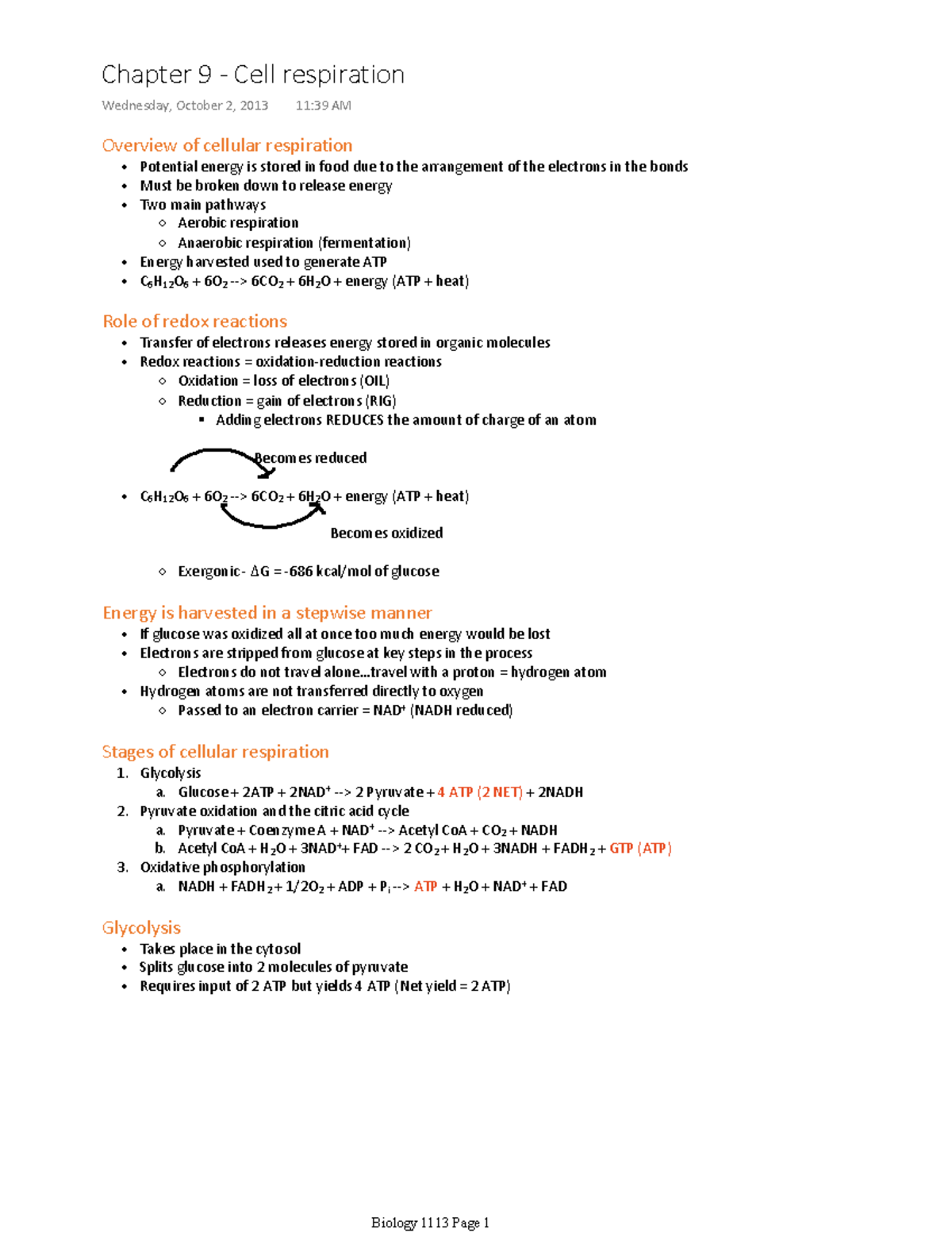 Biology 1113 ch 9 Lecture notes chapter 9 Warning TT undefined