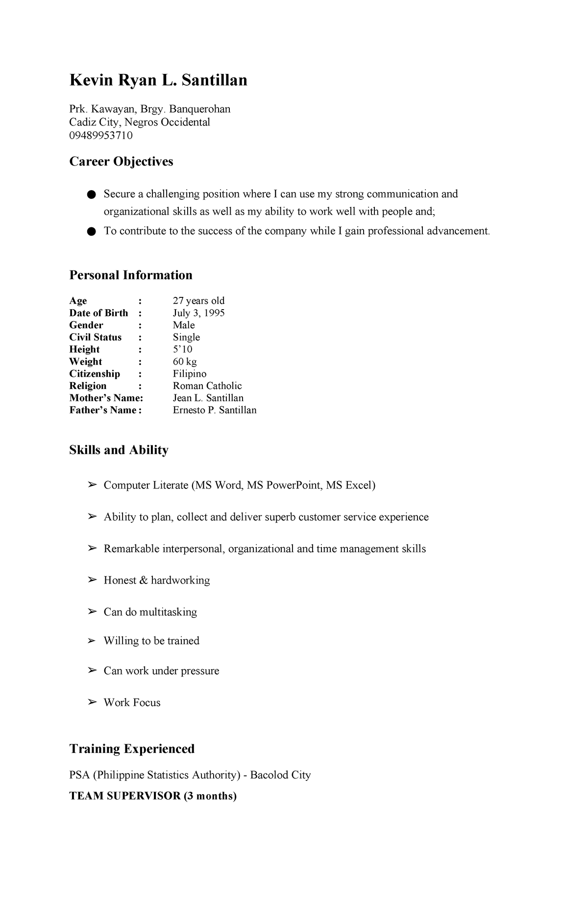 Kevin resume - Good student - Kevin Ryan L. Santillan Prk. Kawayan ...