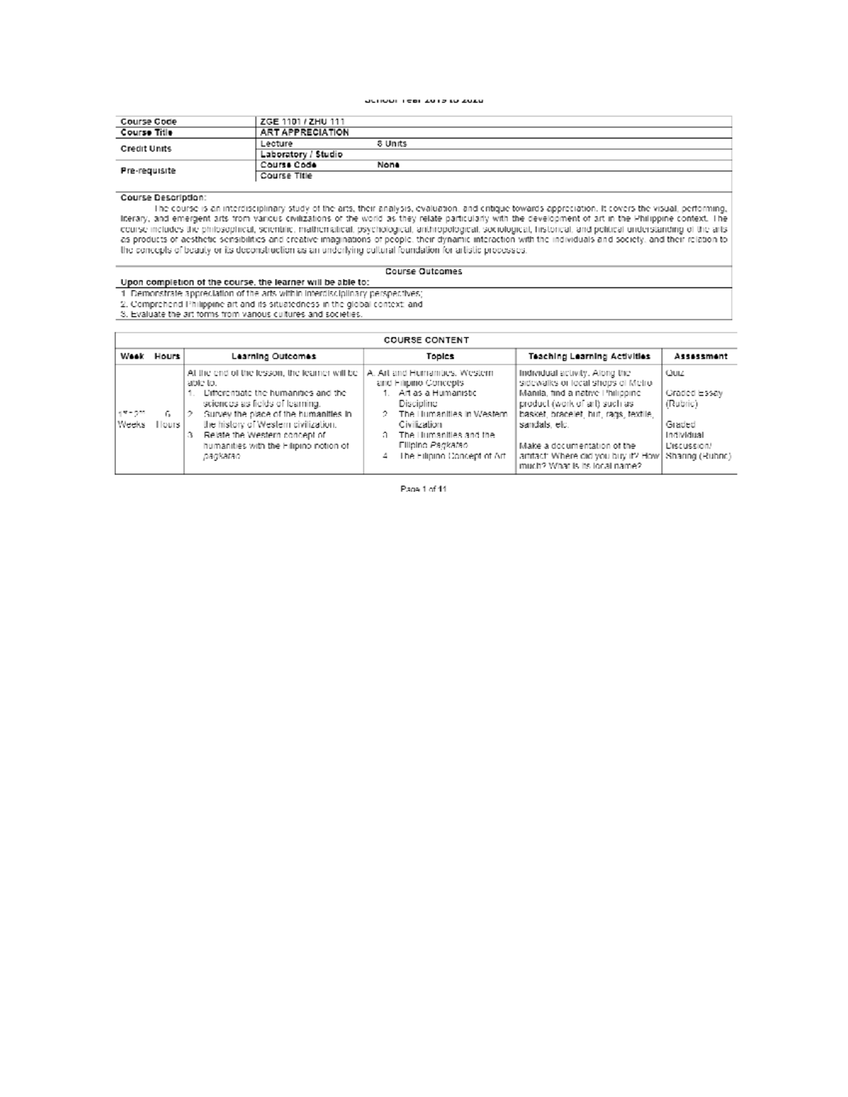 Arts appreciation - FOR REFERENCE - SCHOOL 1 2013 LO ZUZU Course Code ...