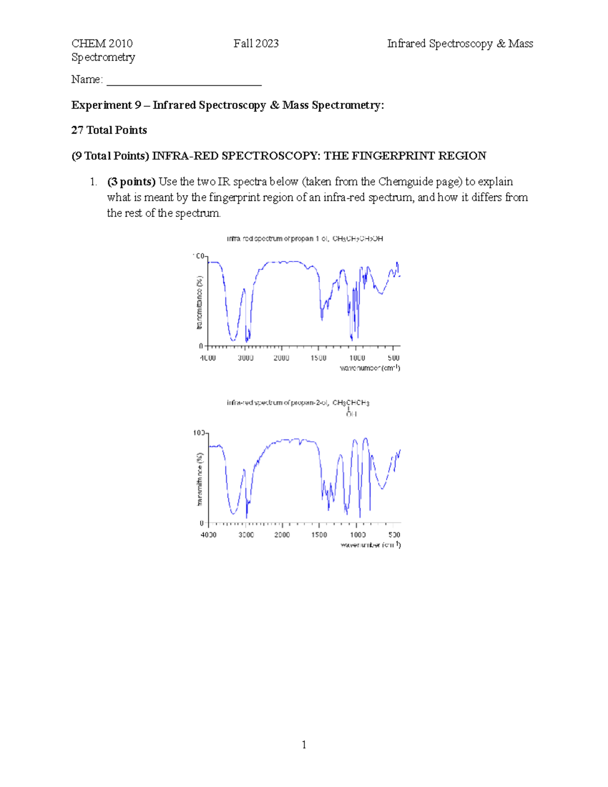 Experiment 9 Infrared Spectroscopy & Mass Spectrometry Spectrometry