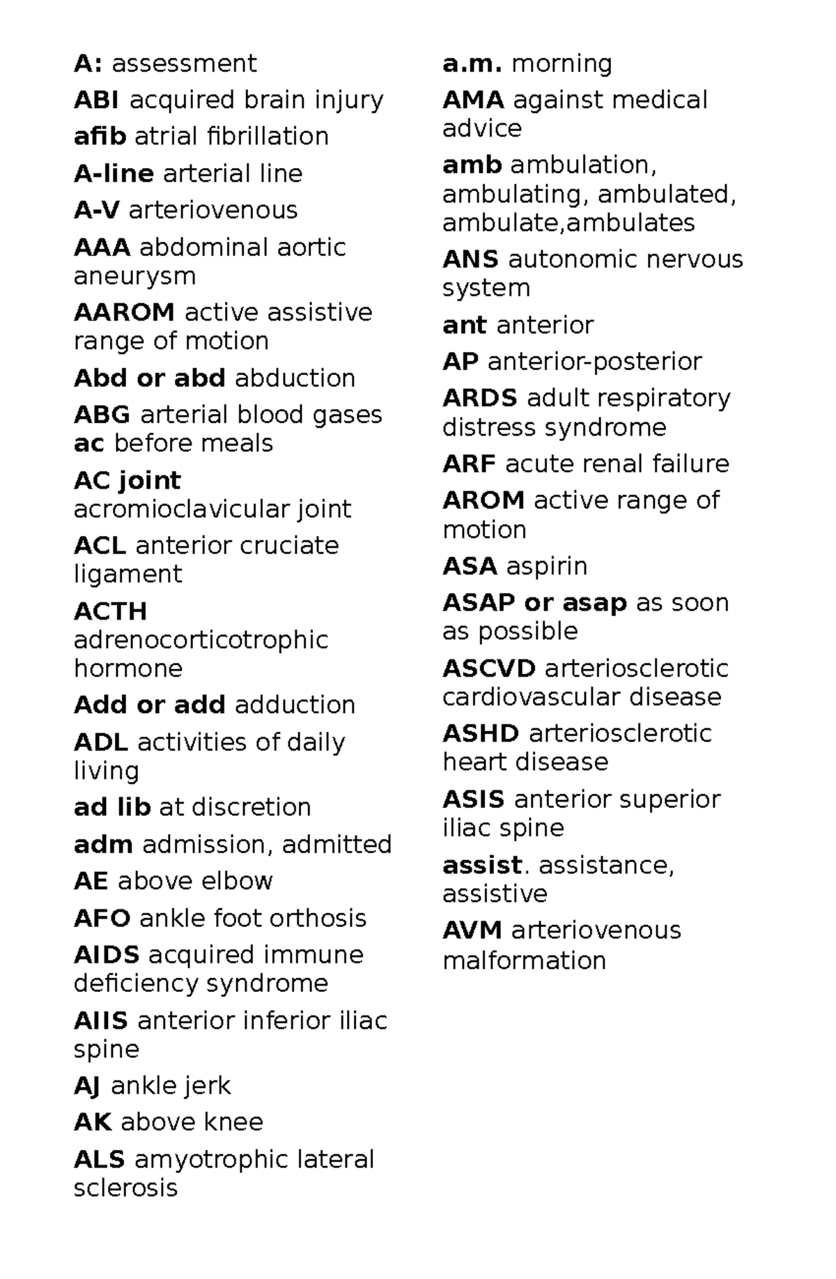 Abbrevation - A: assessment ABI acquired brain injury afib atrial ...