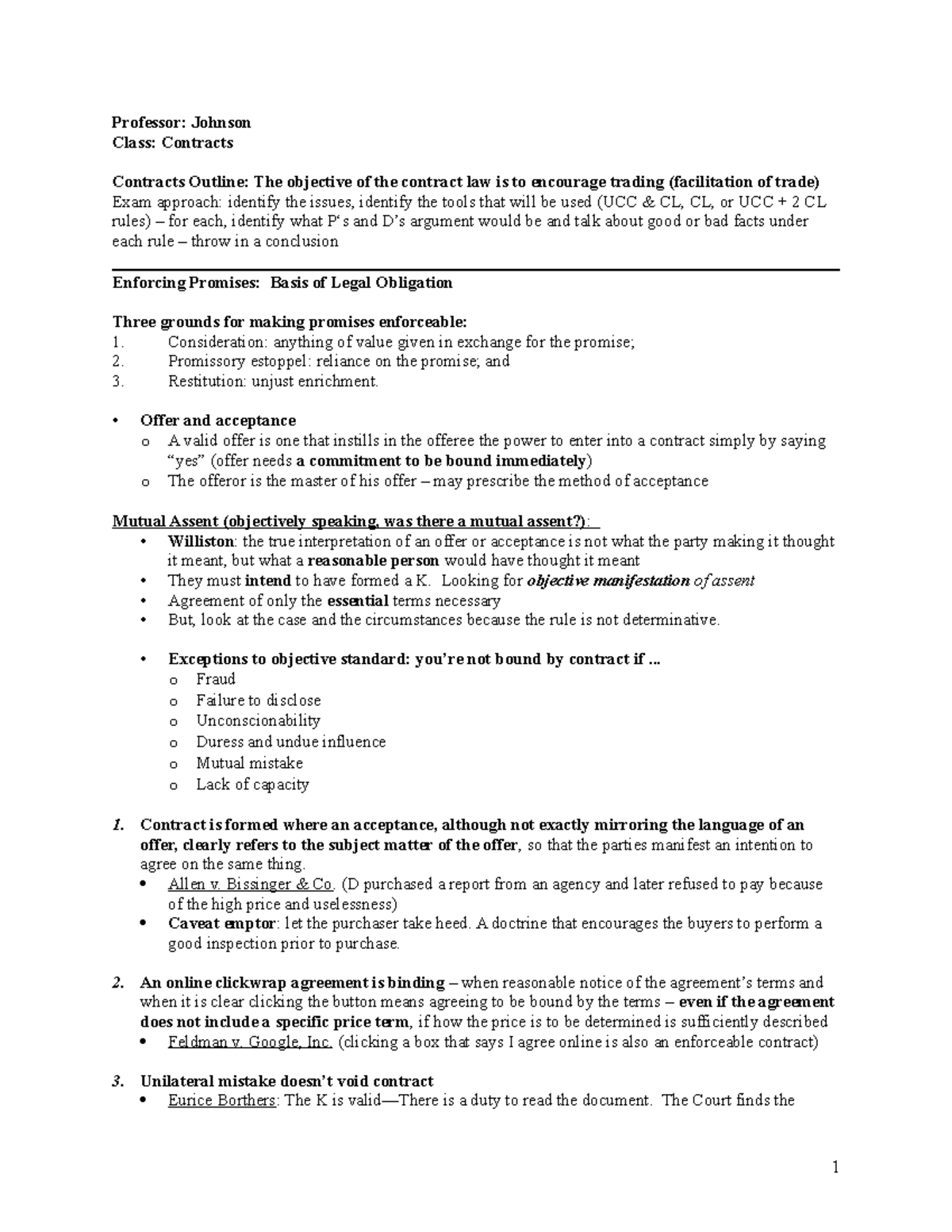 Contracts Law Spring 2017 Prof Johnson Professor Johnson Class