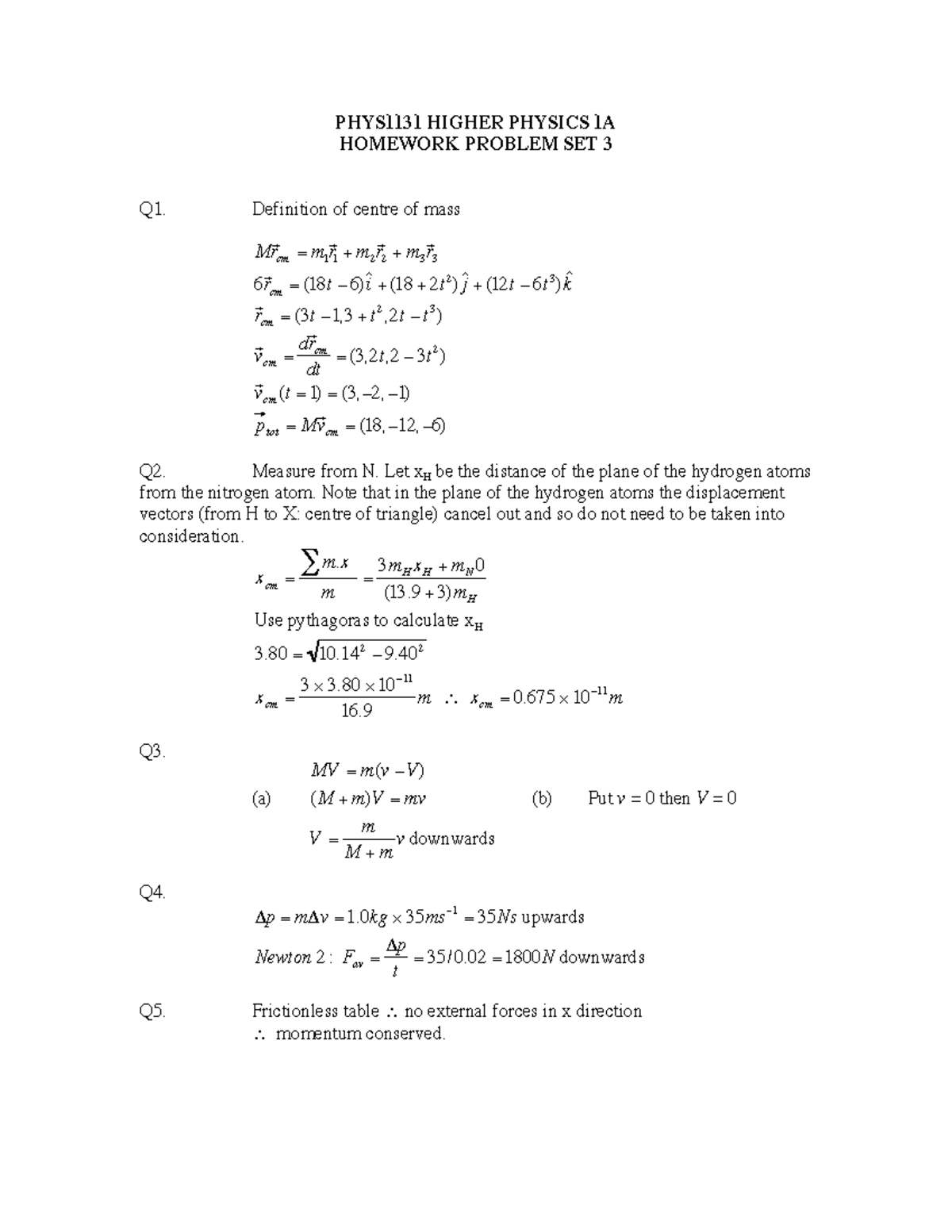 PHYS1131 solutions Tut 3 16 - PHYS1131 HIGHER PHYSICS 1A HOMEWORK ...
