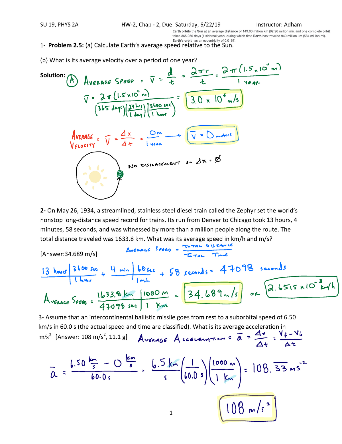 HW2 CH2 Physics 2A - SU 19, PHYS 2A HW -2, Chap - 2, Due: Saturday, 6 ...