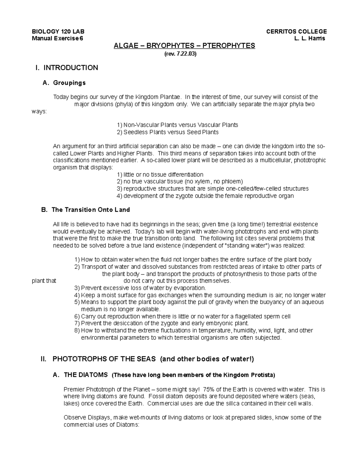 Week 7 Plants I Plant lab notes BIOLOGY 120 LAB CERRITOS COLLEGE