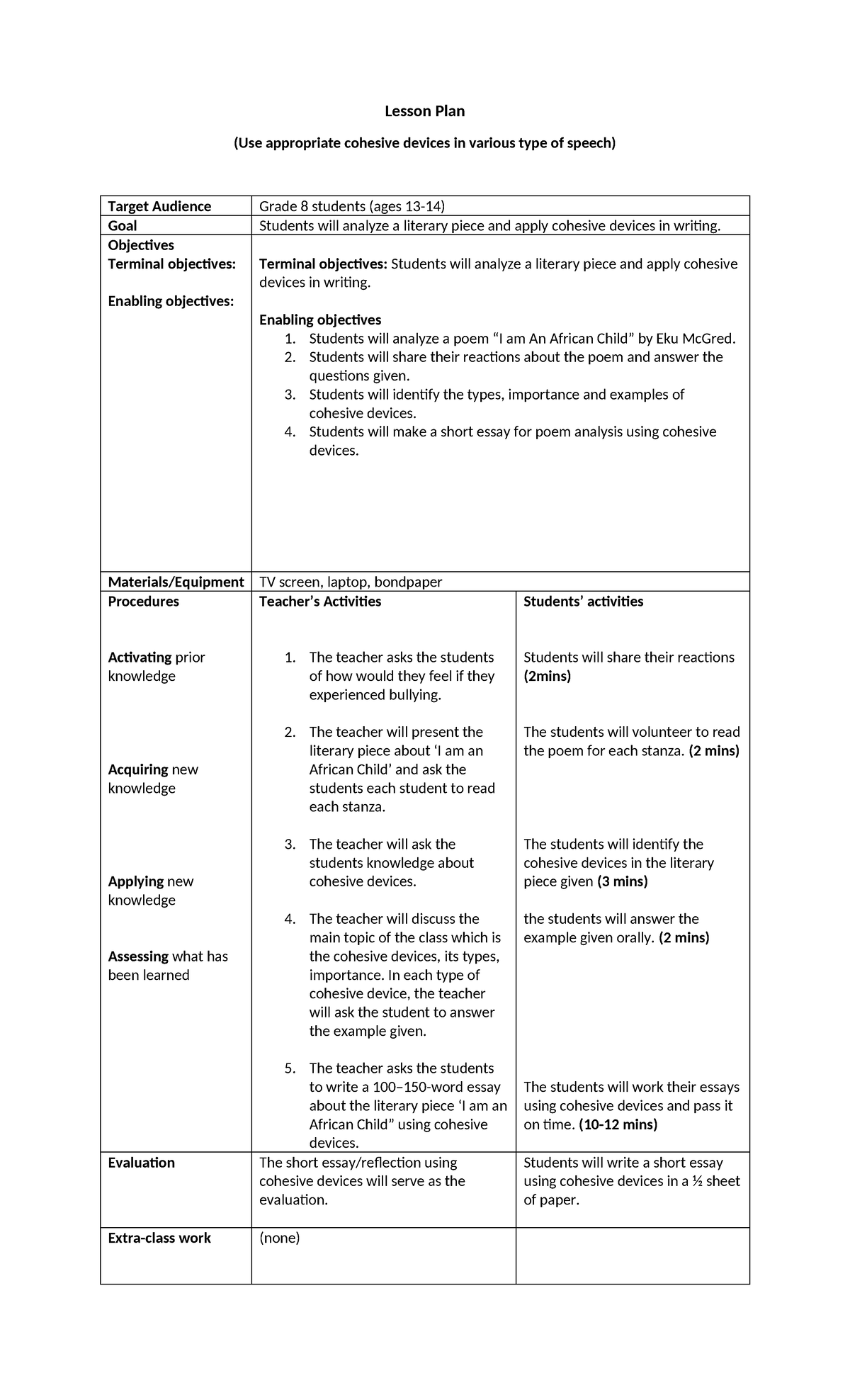 Alexis Bayang Lesson Plan - Lesson Plan (Use appropriate cohesive ...
