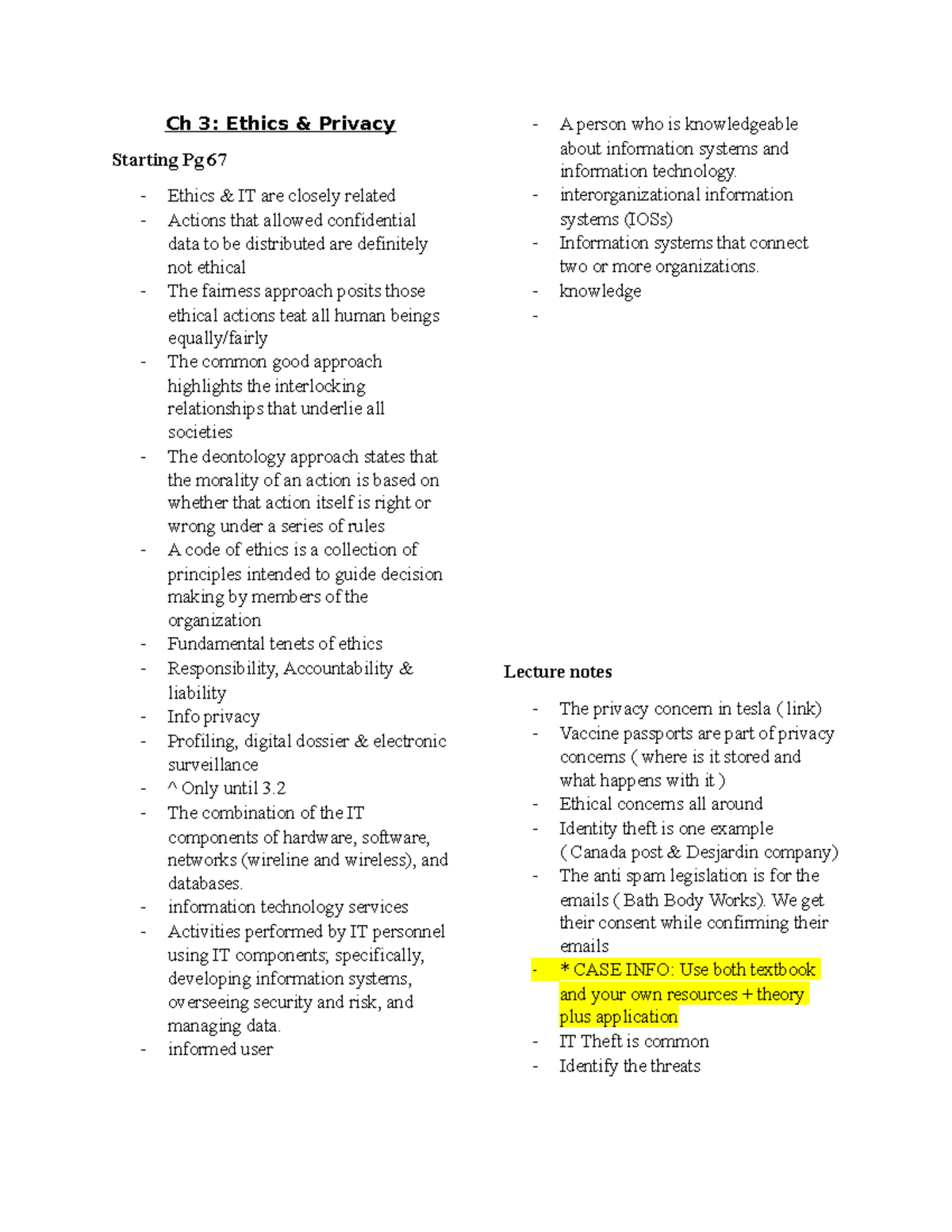 CH 3 Notes From Textbook And Lecture - Ch 3: Ethics & Privacy Starting ...