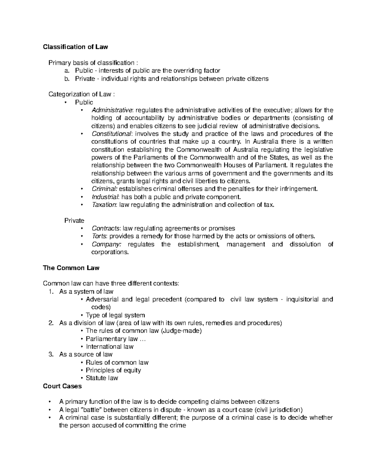 Lecture Notes, Lectures Weeks 1 - 7 - Classification Of Law Primary ...