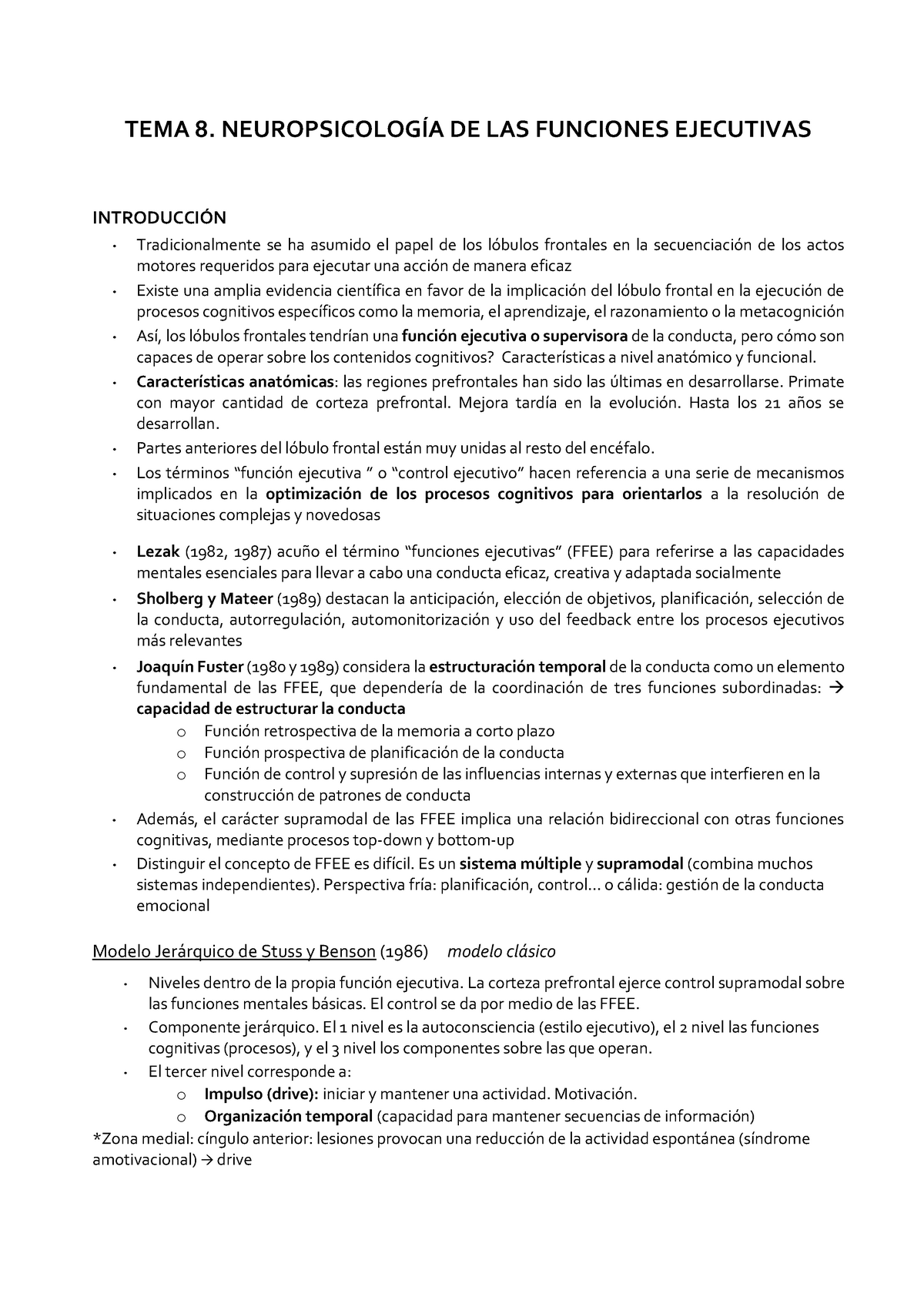 Tema 8. Neuropsicología de las funciones ejecutivas - TEMA 8. DE LAS  FUNCIONES EJECUTIVAS . - Studocu