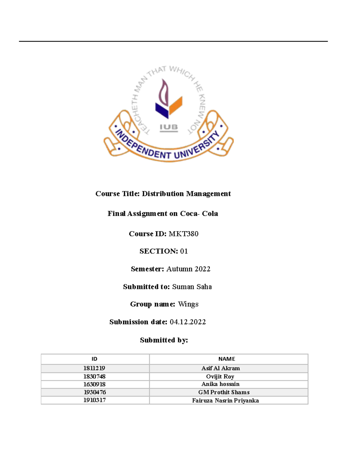 MKT 380 Final assignment - Course Title: Distribution Management Final ...