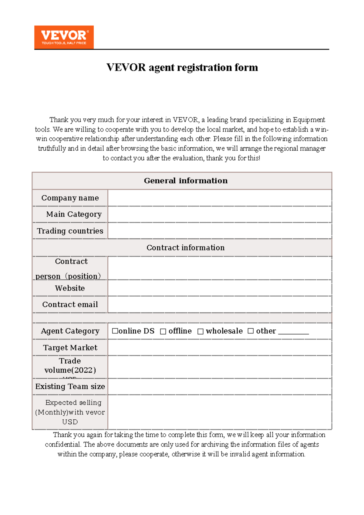 Vevor registration form - VEVOR agent registration form Thank you very ...