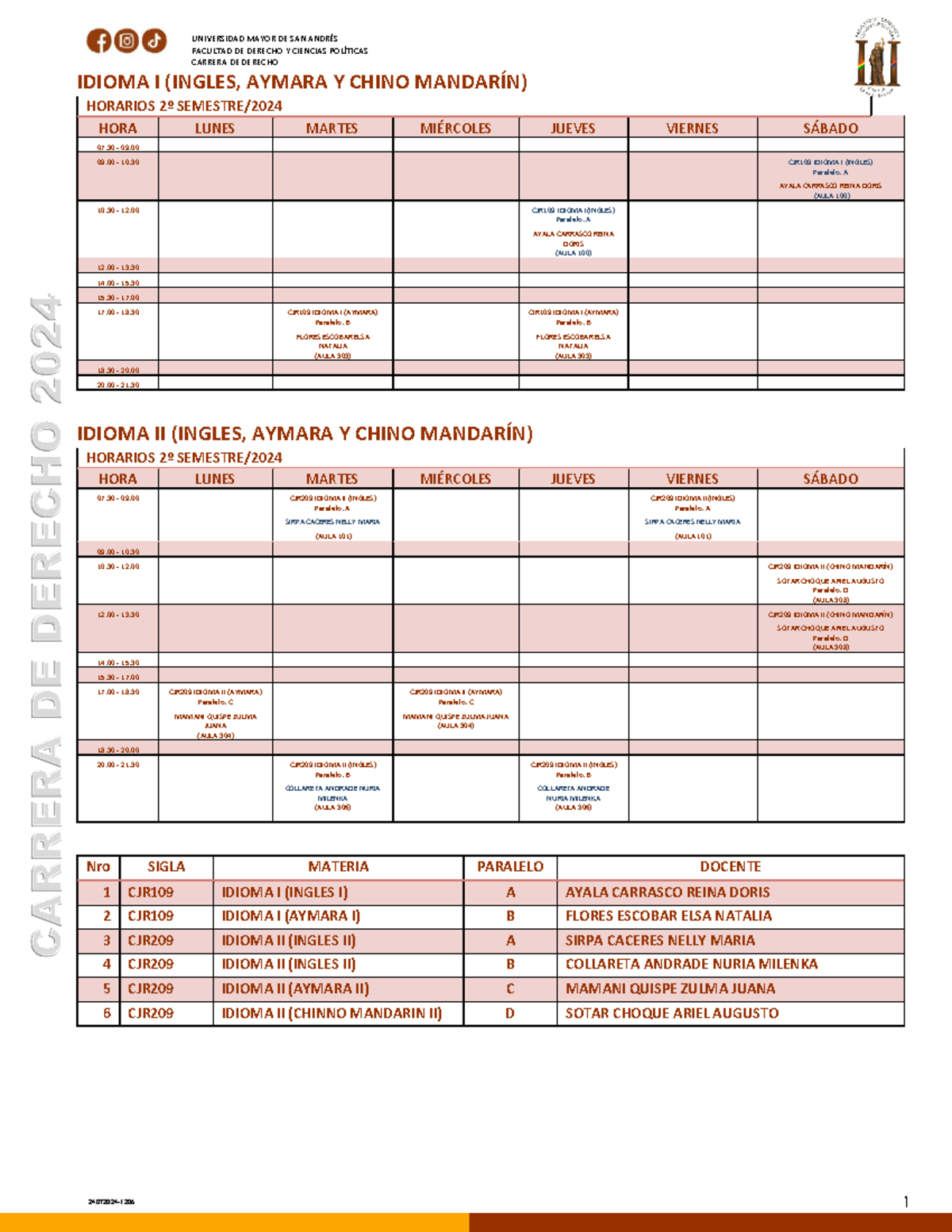 Horarios UMSA derecho - FACULTAD DE DERECHO Y CIENCIAS POLÍTICAS ...