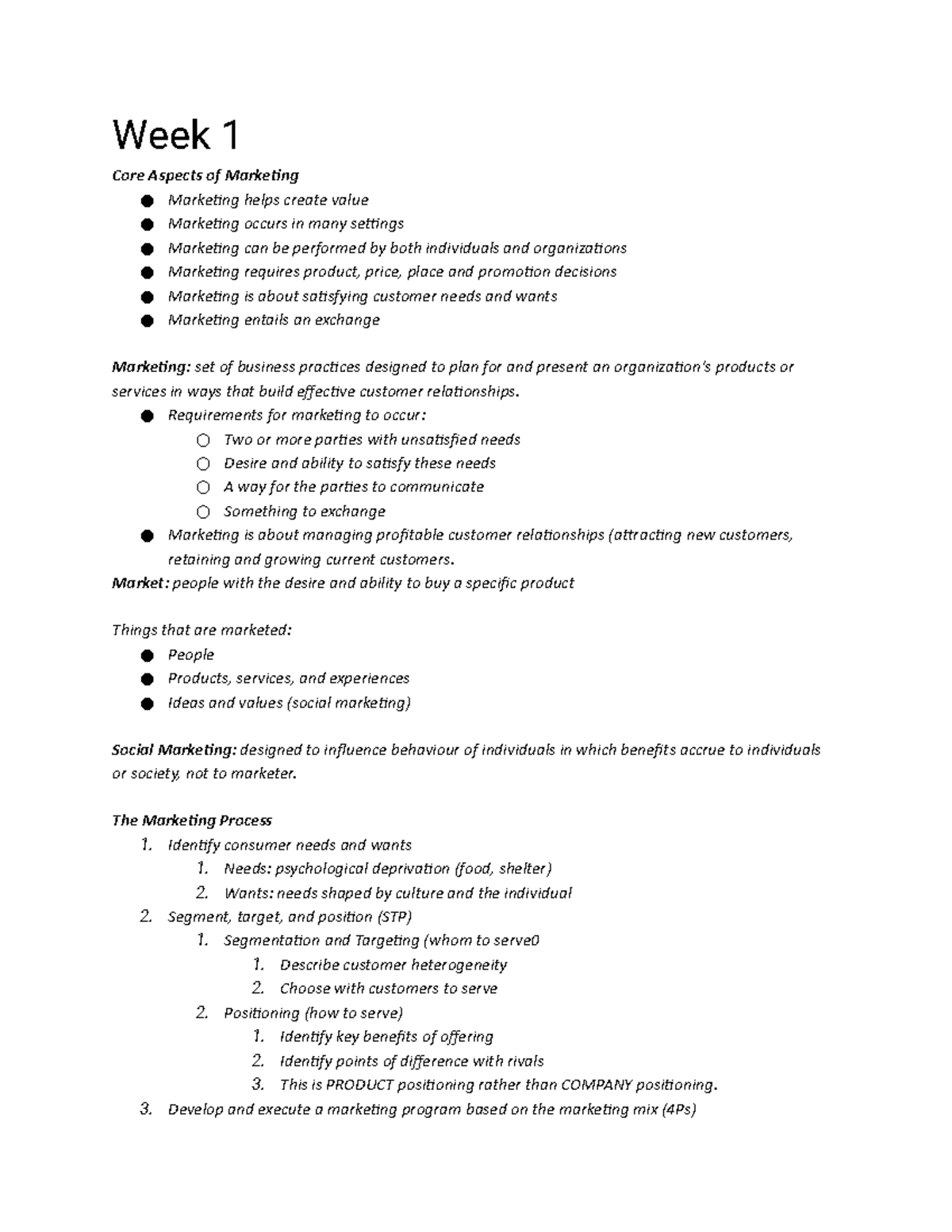 MKT 100 Week 1- 5 - Lecture notes 1-5 - Week 1 Core Aspects of ...