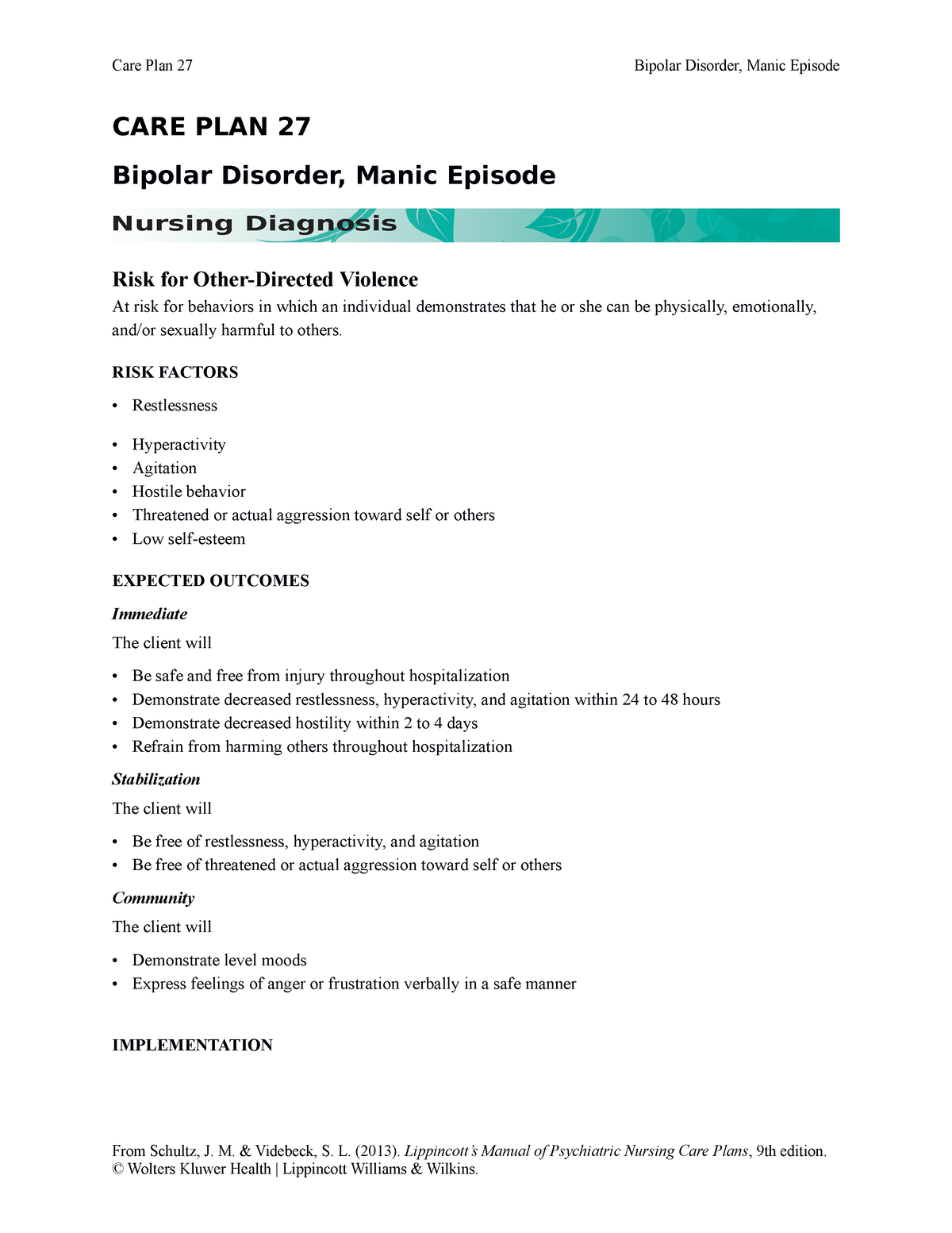 Bipolar disorder psych Care Plan notes CARE PLAN 27 Bipolar Disorder