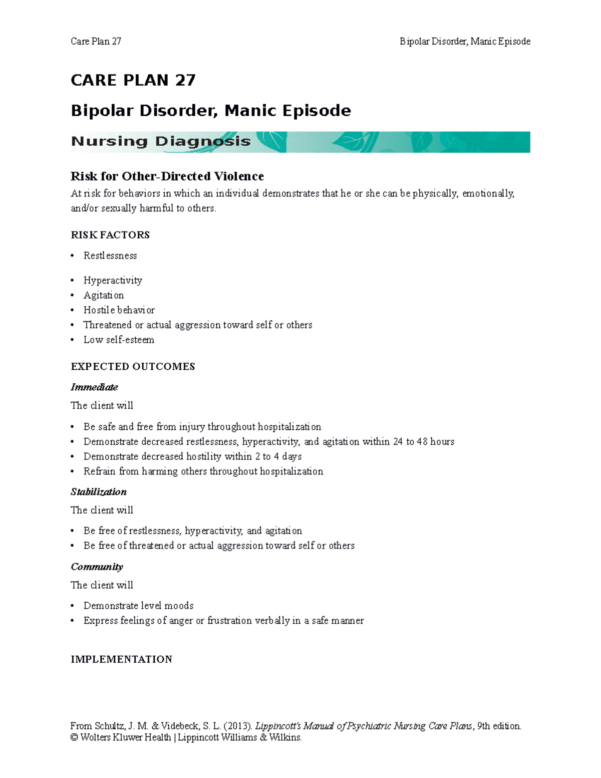 Bipolar disorder psych Care Plan notes - CARE PLAN 27 Bipolar Disorder ...