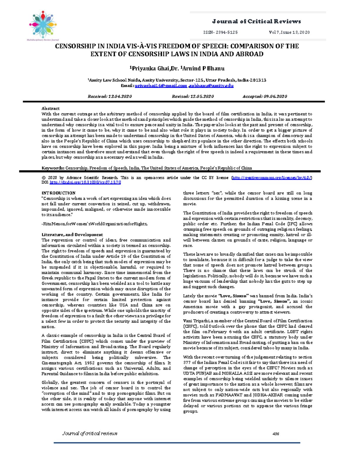 Censorship and surveillance Journal of Critical Reviews ISSN 2394