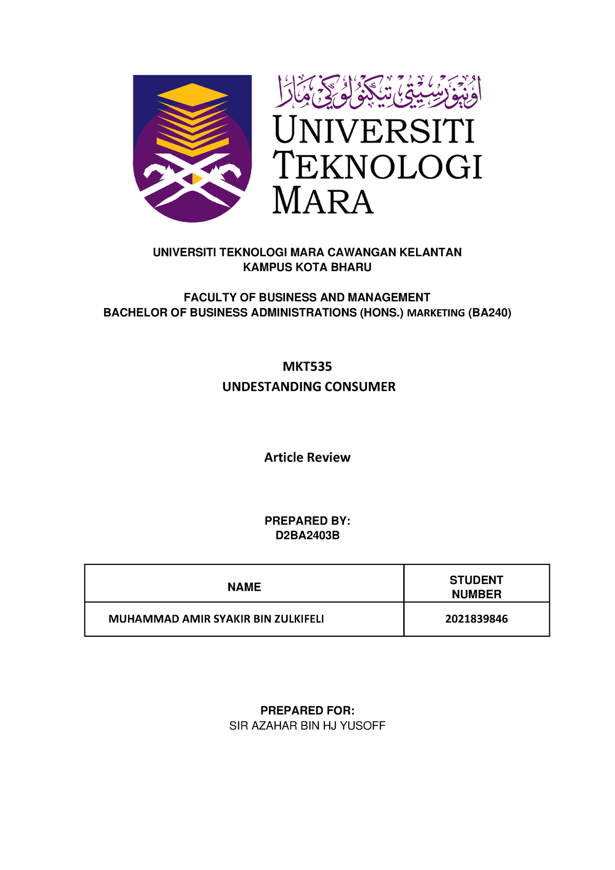Article Review Mkt Universiti Teknologi Mara Cawangan Kelantan