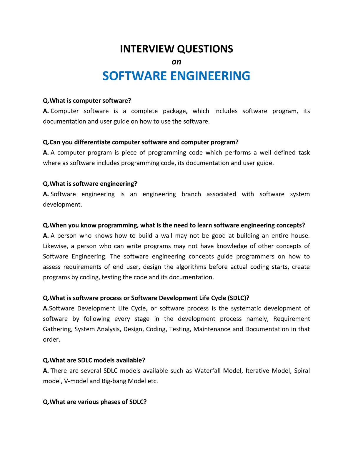 Software Engineering - INTERVIEW QUESTIONS On SOFTWARE ENGINEERING Q Is ...