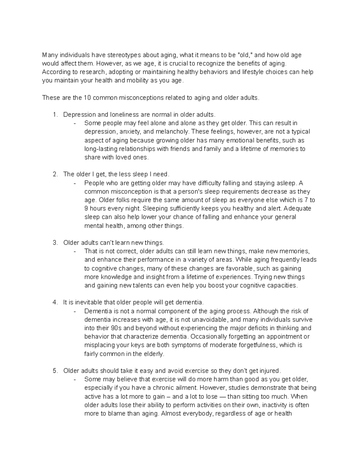 Myths of Aging - Activity on Geria - Many individuals have stereotypes ...