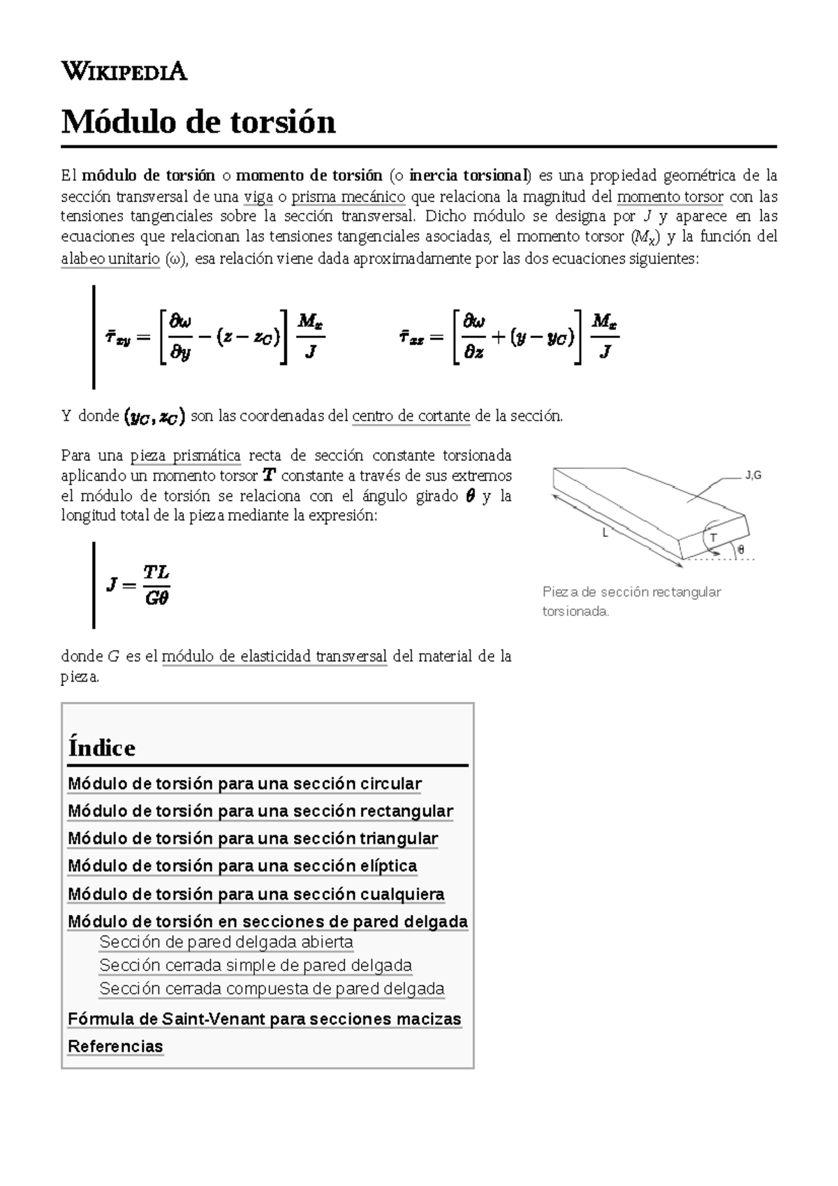 Módulo de torsión descripcion Pieza de sección rectangular
