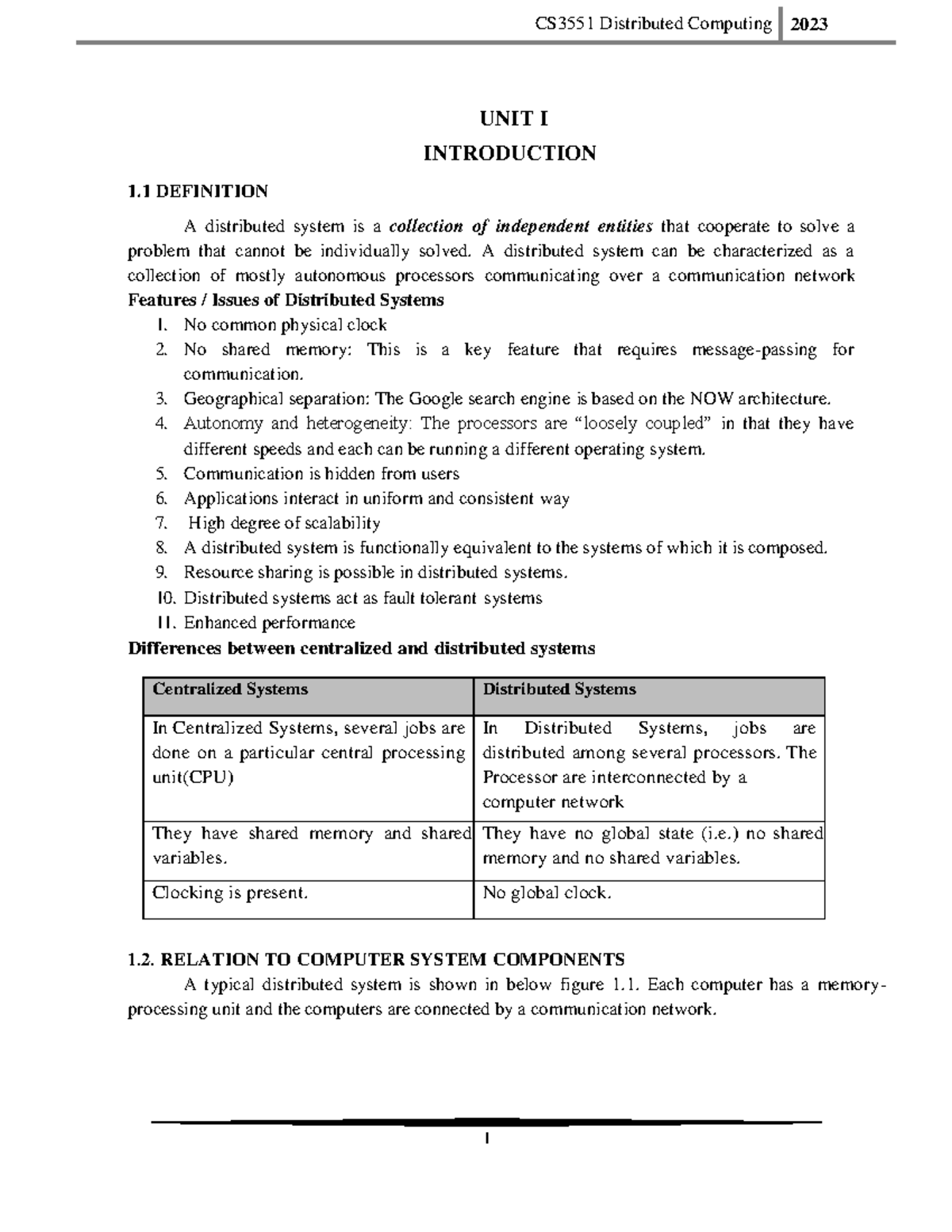 Distributed Computing - 1 DEFINITION UNIT I INTRODUCTION A distributed ...