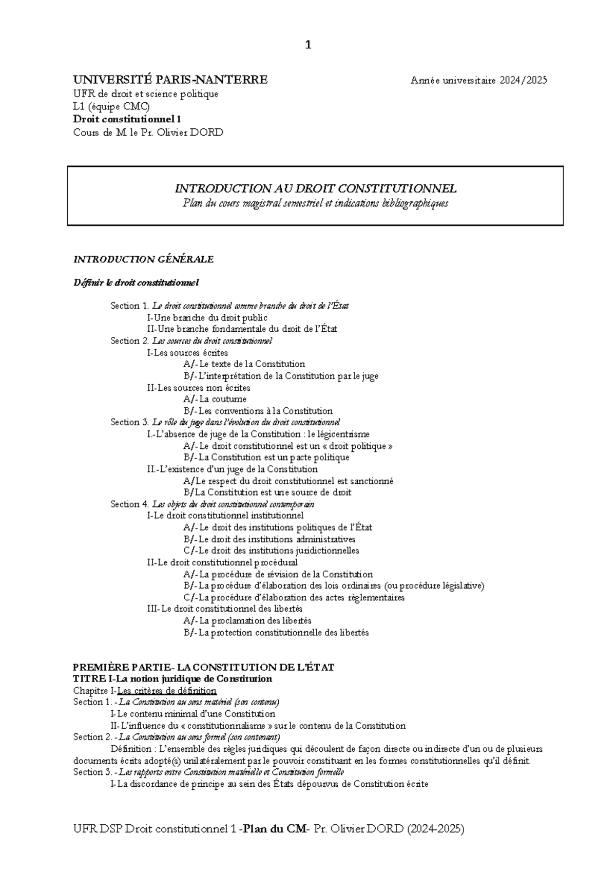 Plan CM DC1 2024-2025 - C'est le plan du cours de Droit Constitutionnel ...