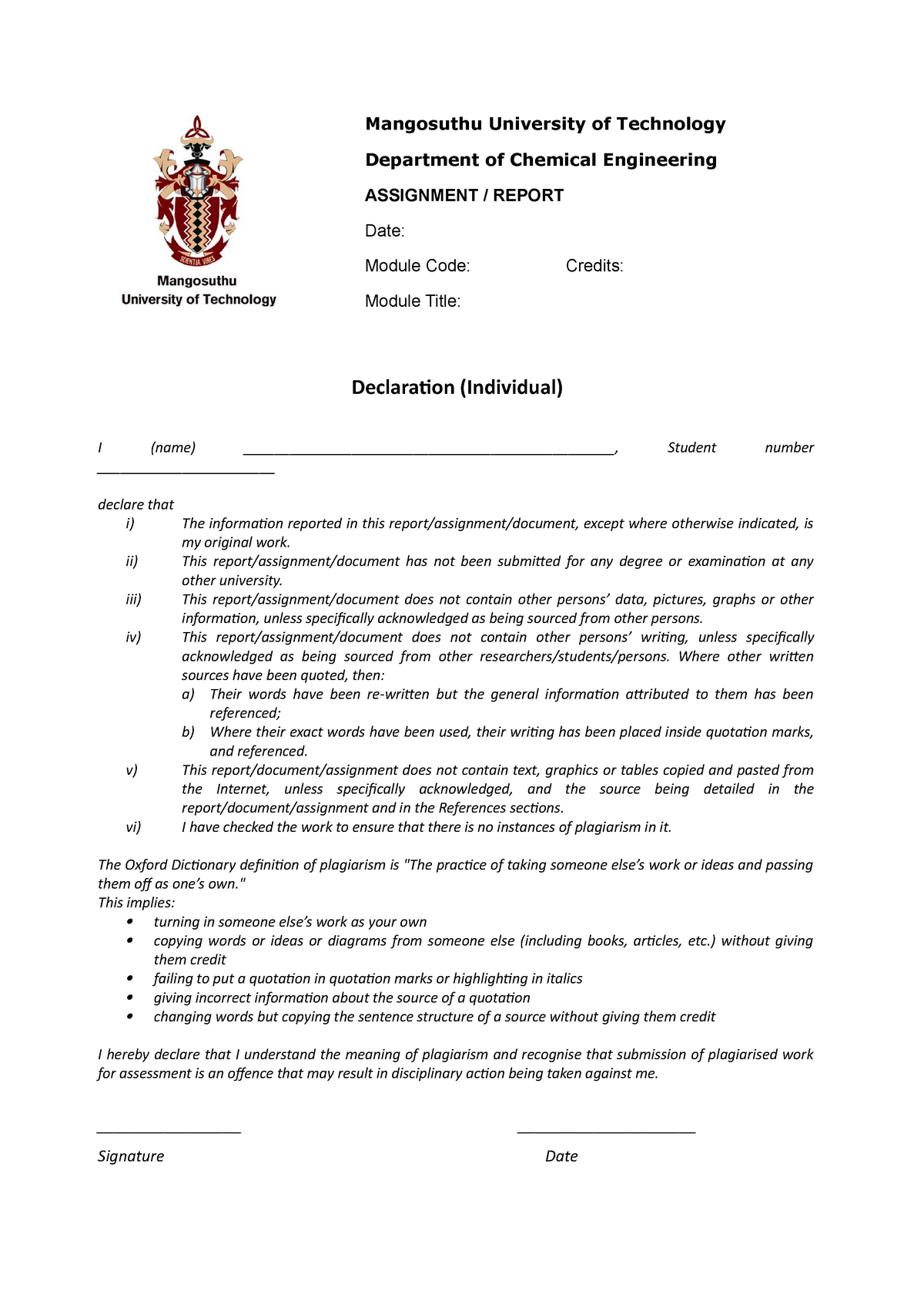 student declaration form for assignment