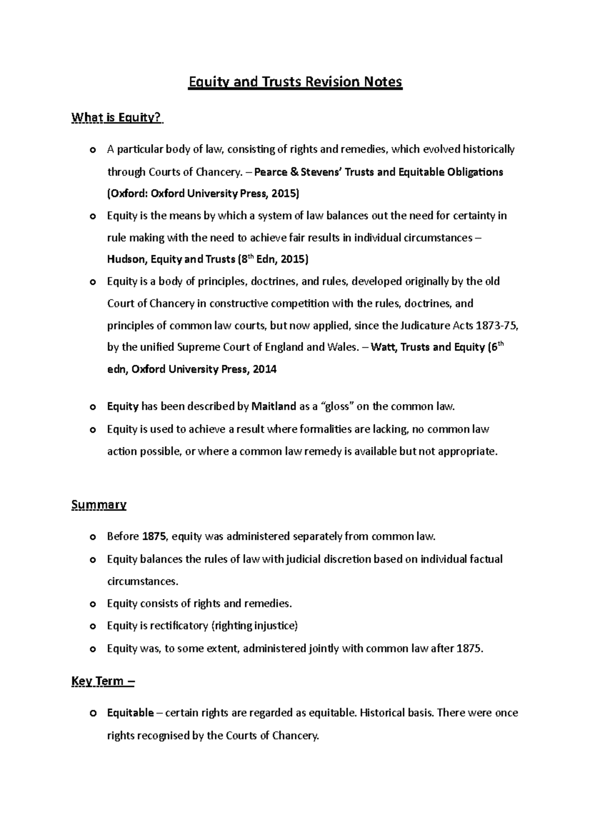 Equity and Trusts Revision Notes - – Pearce & Stevens’ Trusts and ...
