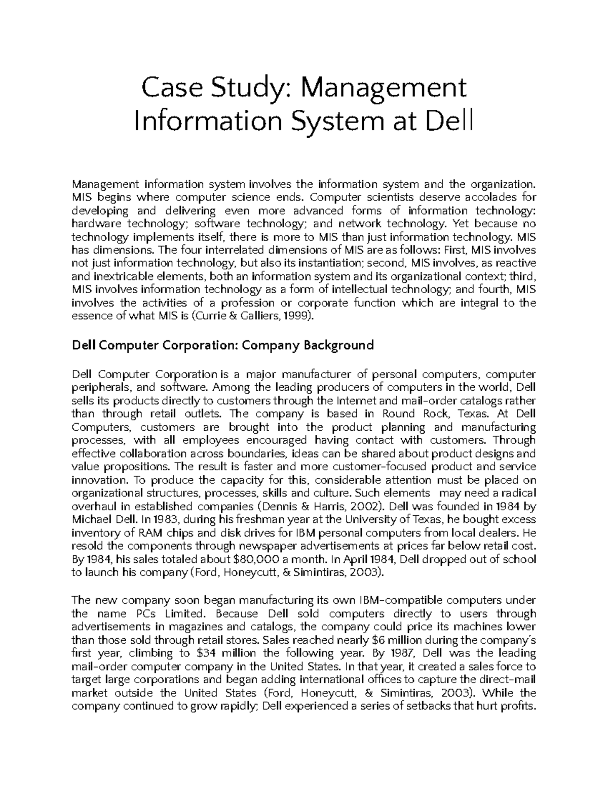 Case Study - vdfdfd - Case Study: Management Information System at Dell ...