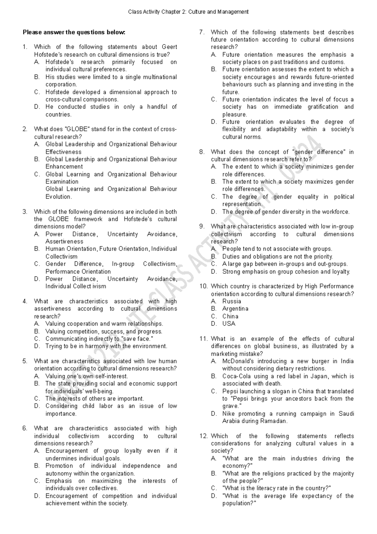 Class Activity Chapter 2 Culture and Management - Class Activity ...