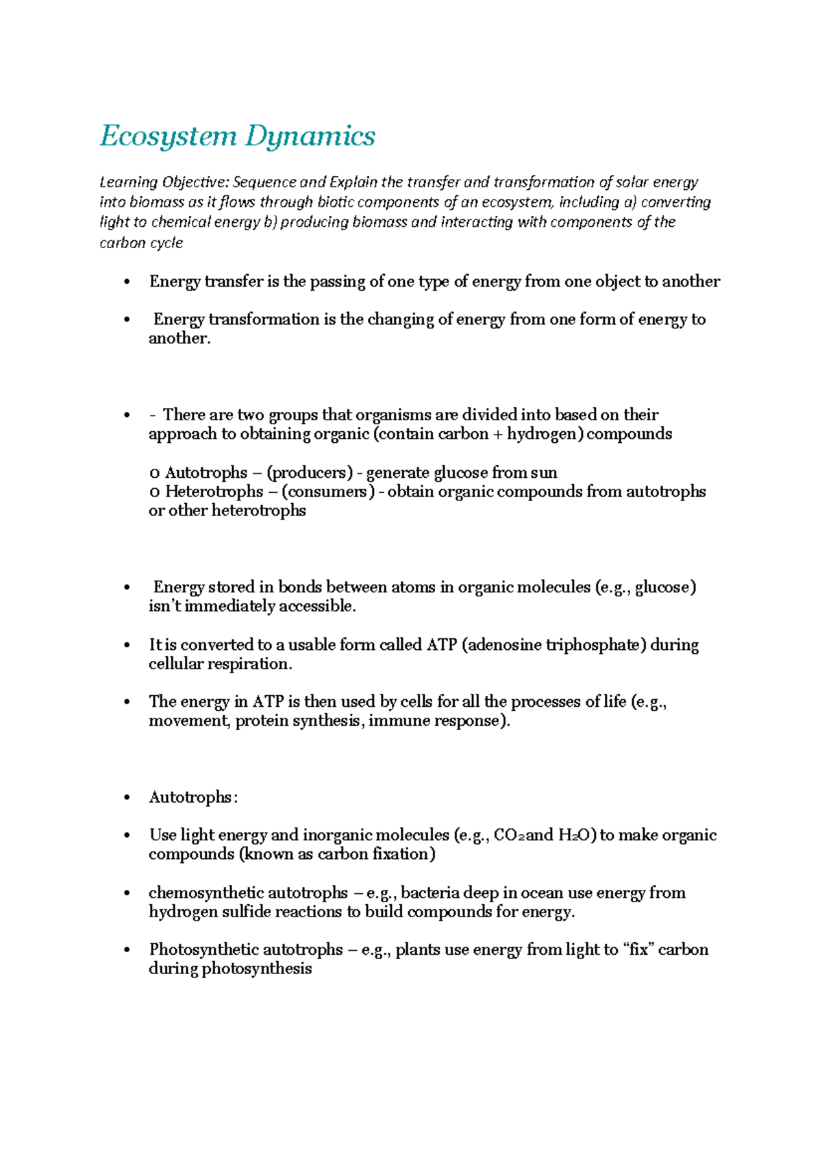 LFS103 Ecosystem Dynamics Notes Ecosystem Dynamics Learning