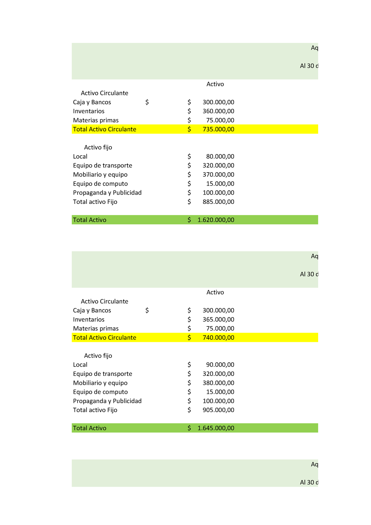 Balance General 10 Años Activo Circulante Caja Y Bancos 300 Inventarios 360 Materias 1765