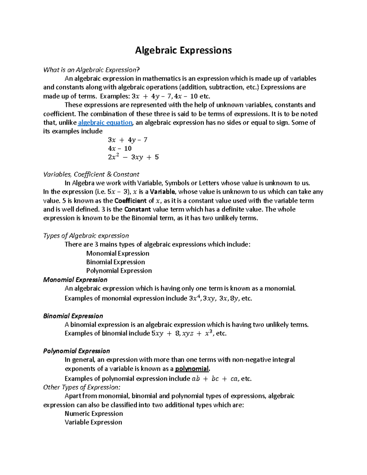 Week 1-2 Algebraic Expressions - Algebraic Expressions What is an ...