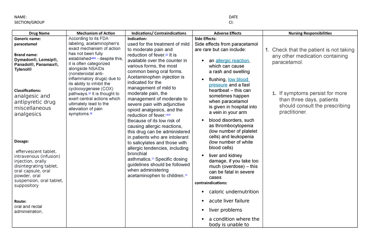 Drug Name - drug - Fundamentals of Nursing - UC - Studocu