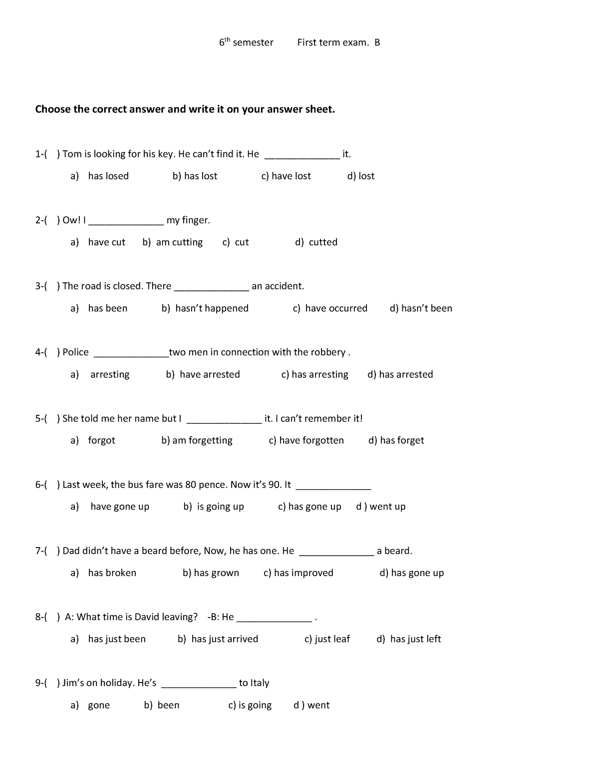 6iv1 First Term Exam 2023 B - 6 Th Semester First Term Exam. B Choose ...