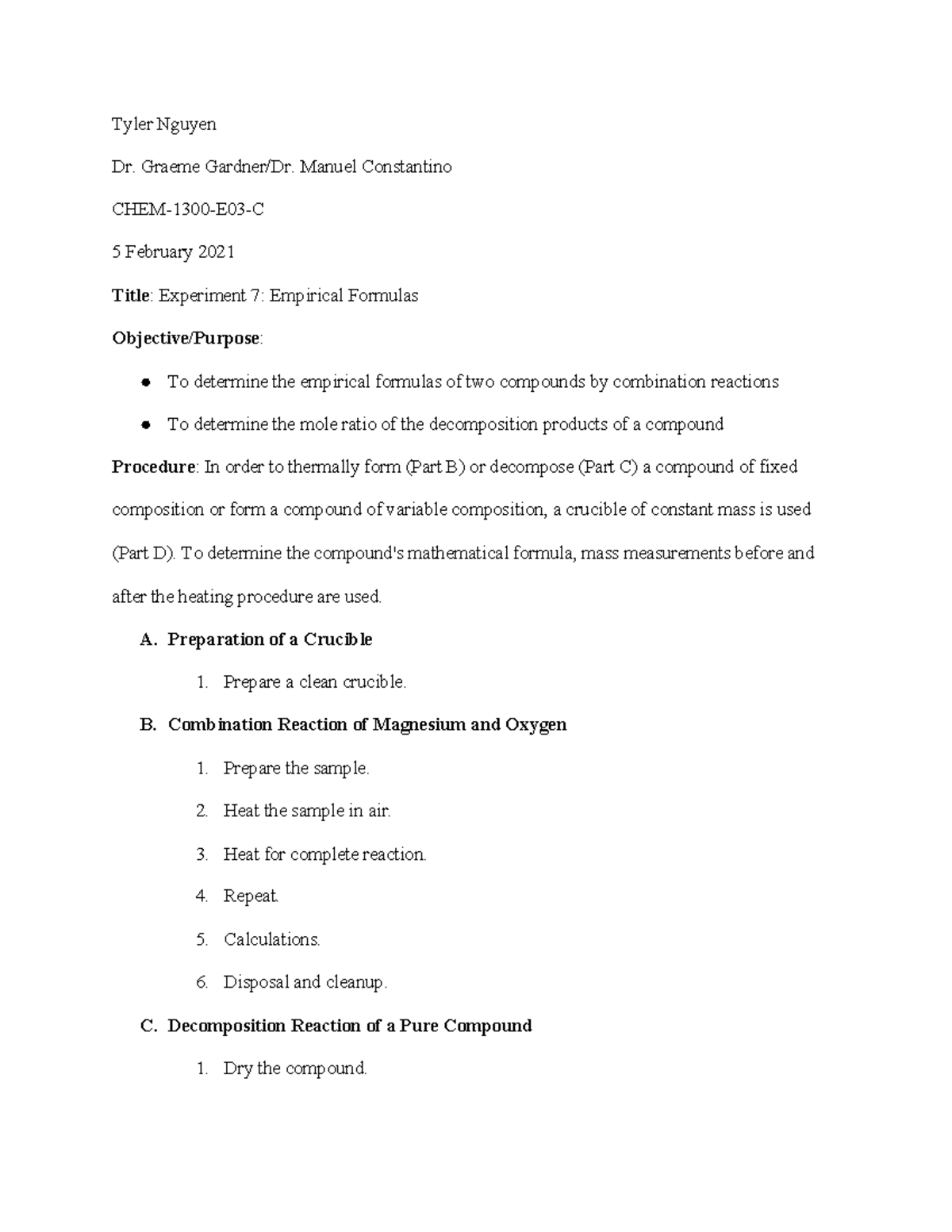 experiment 7 prelaboratory assignment empirical formulas