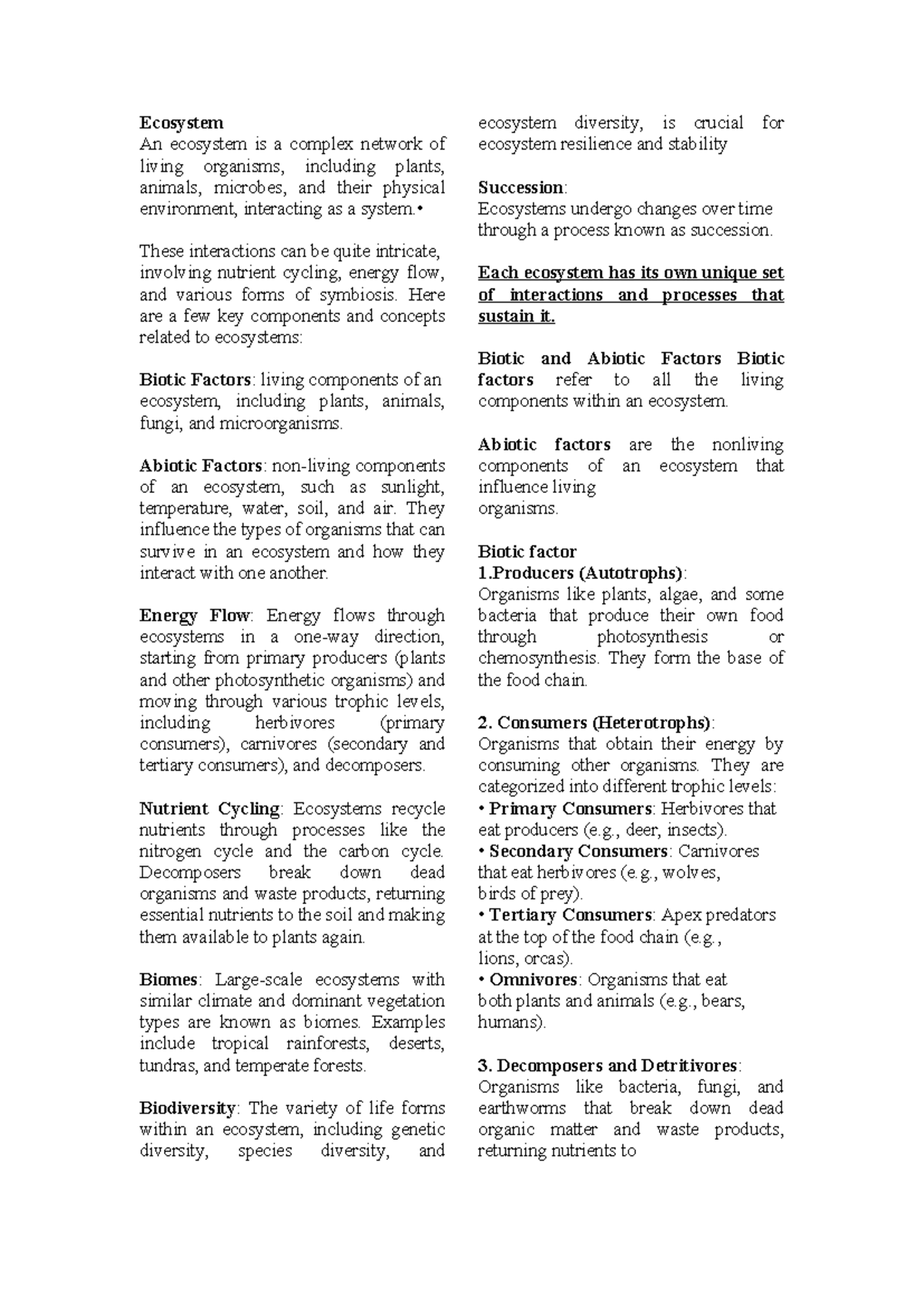environmental science notes - Ecosystem An ecosystem is a complex ...