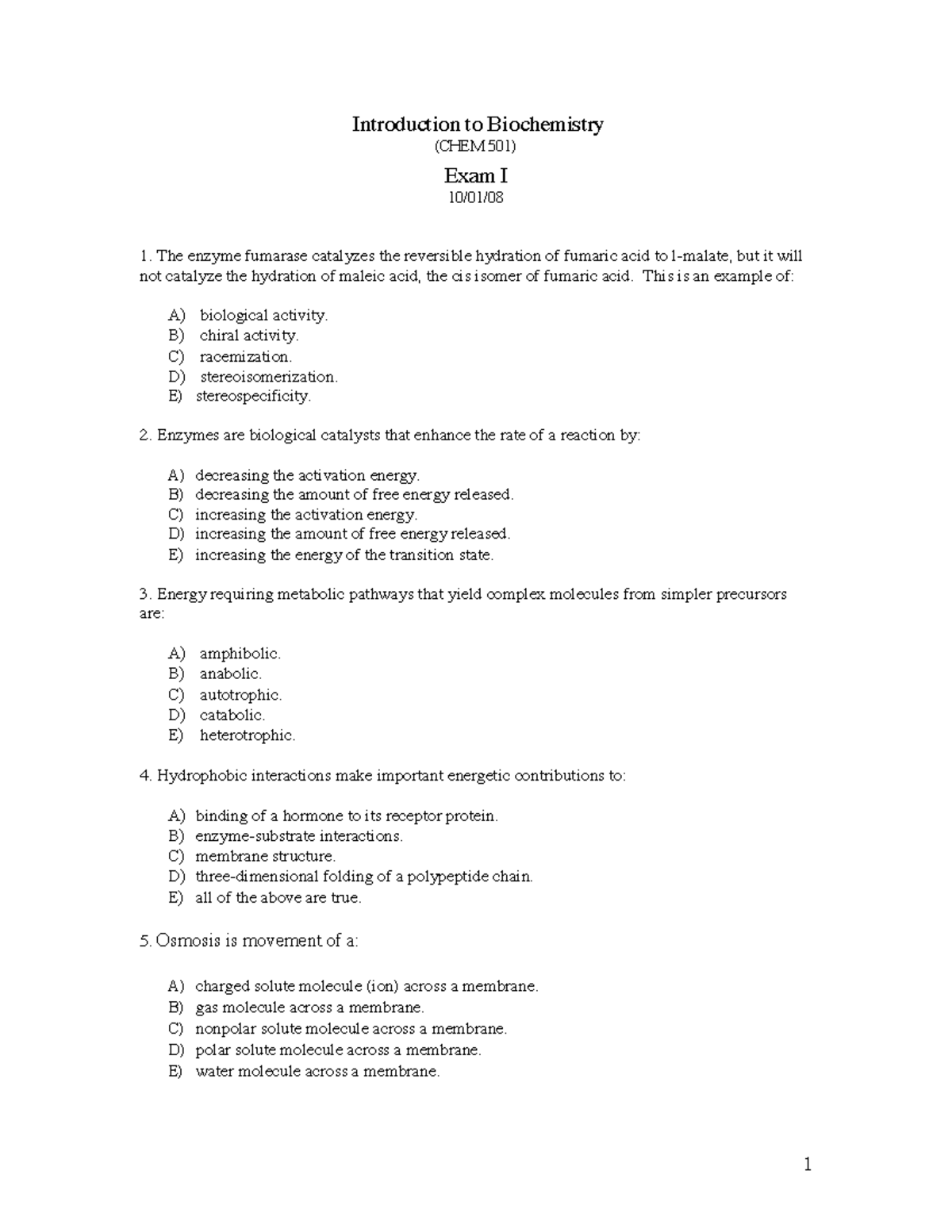 Chem501 Introduction To Biochemistry Exam 1 With Answers - Introduction ...