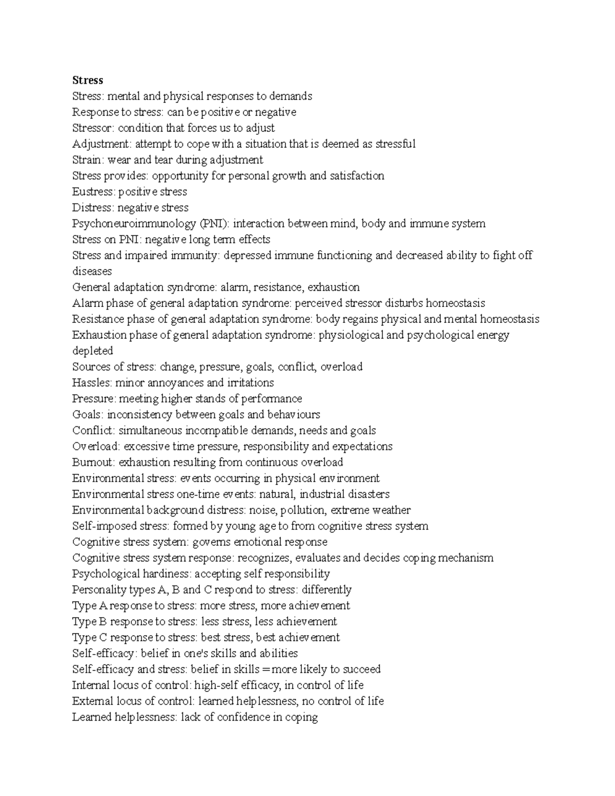 Fundamentals of health notes - midterm 2 - Stress Stress: mental and ...