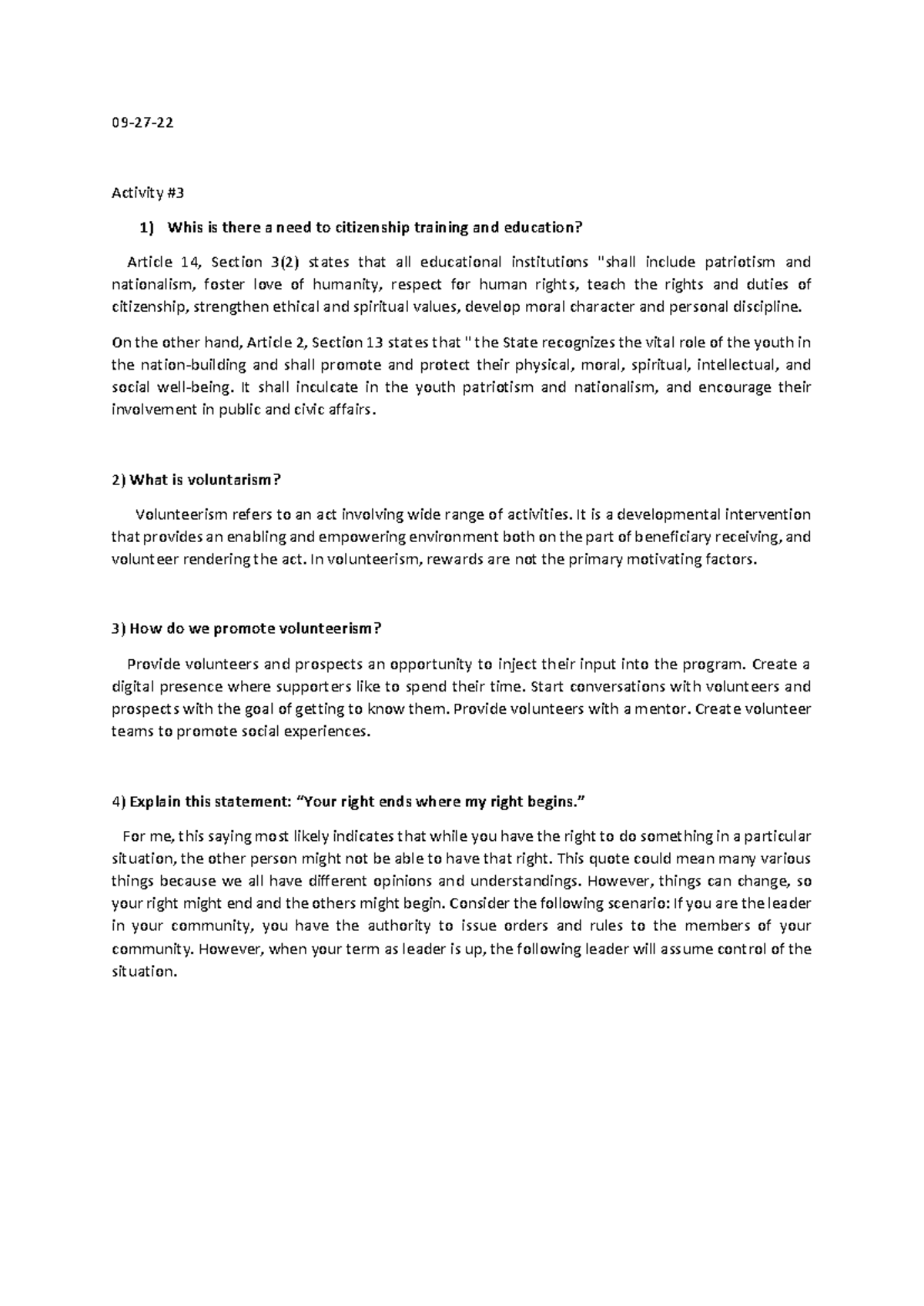 ACT#3NSTP - NSTP Questions Essay - 09 - 27 - 22 Activity # 1) Whis is ...