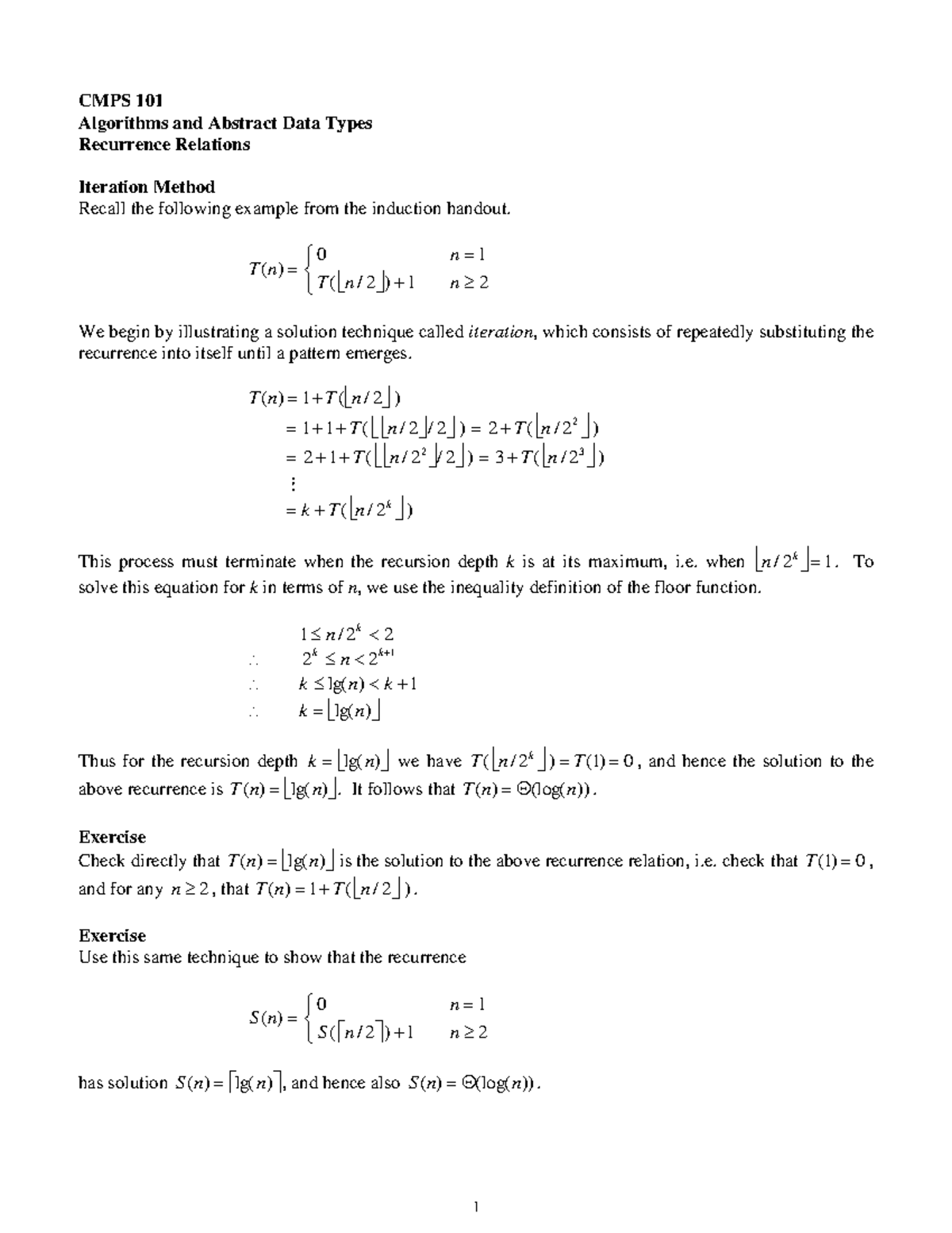 Recurrence - T ( n) T ( ) 1 n We begin illustrating a solution ...