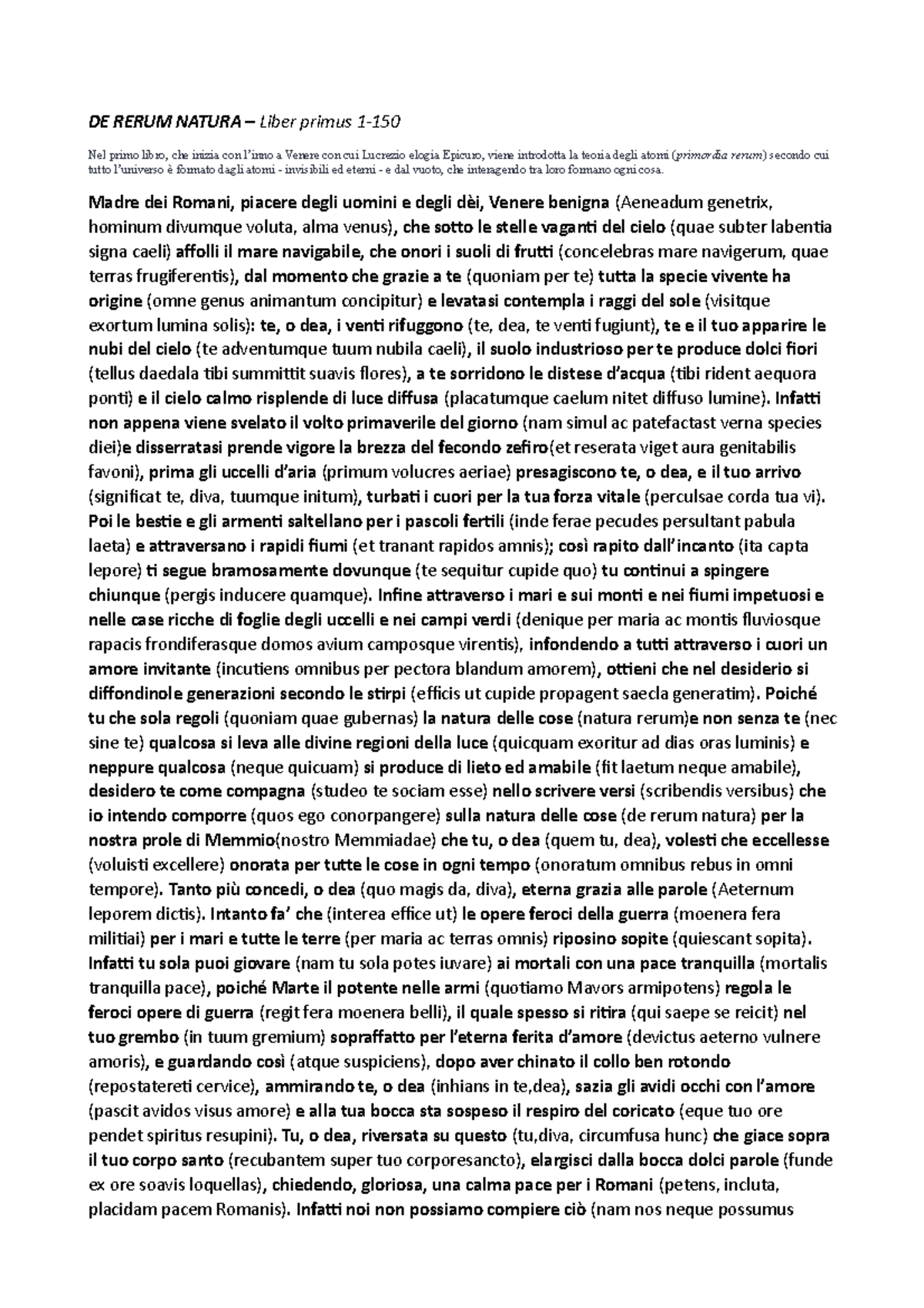 Lucrezio De Rerum Natura DE RERUM NATURA Liber primus 1 Nel primo libro, che inizia con l