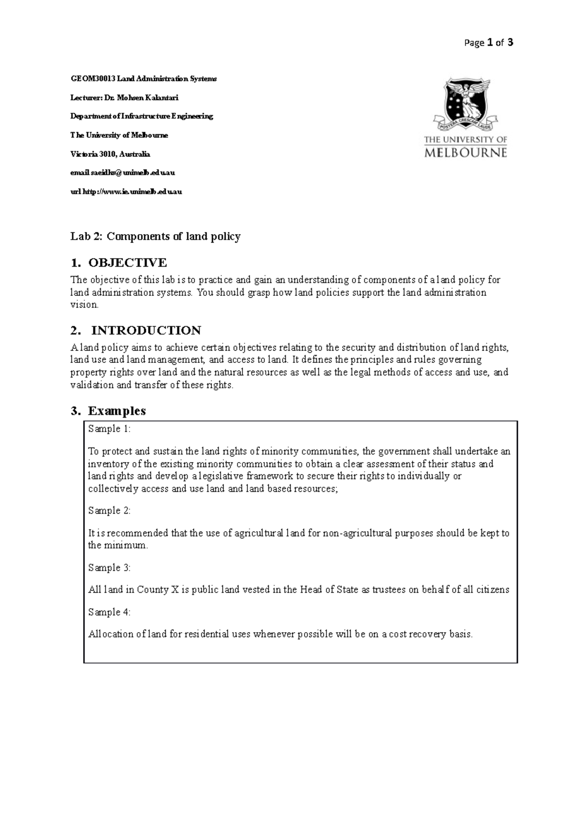 Lab 2 components of land policy Page 1 of 3 GEOM30013 Land