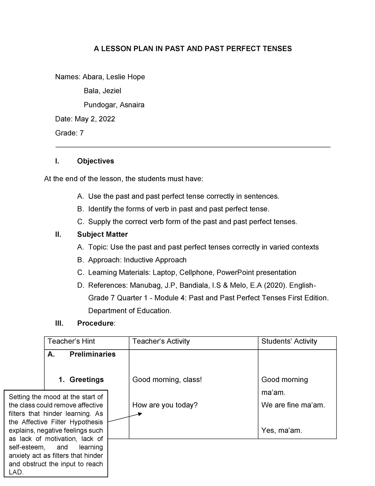 Simple Past Tense Lesson Plan For High School