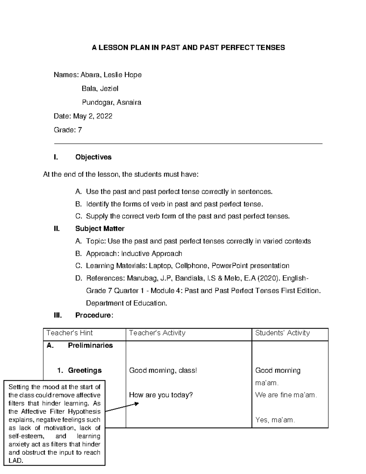 Simple Past Tense Lesson Plan For High School