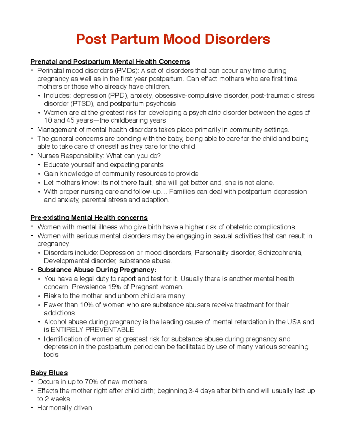 Lecture Notes, Lecture 11 -Mood Disorders and Grief - Post Partum Mood ...