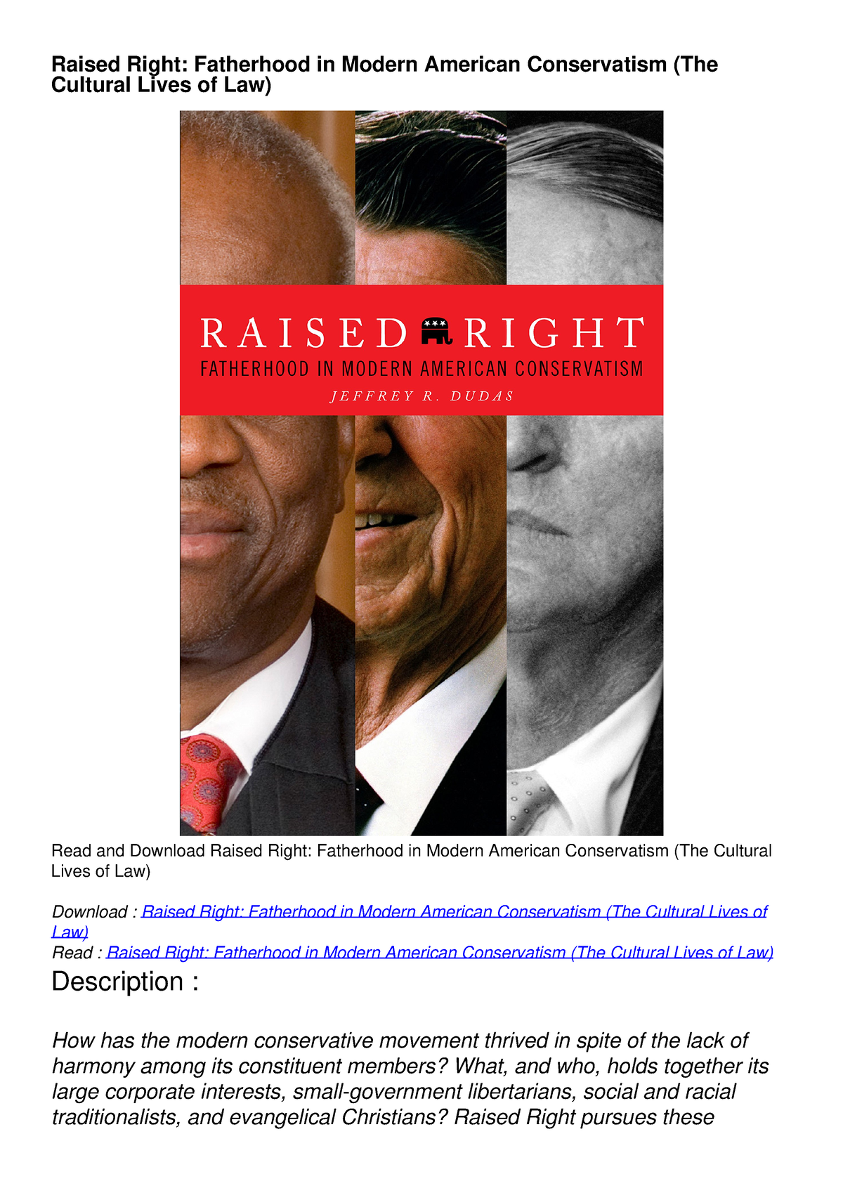 [PDF] Raised Right: Fatherhood In Modern American Conservatism (The ...