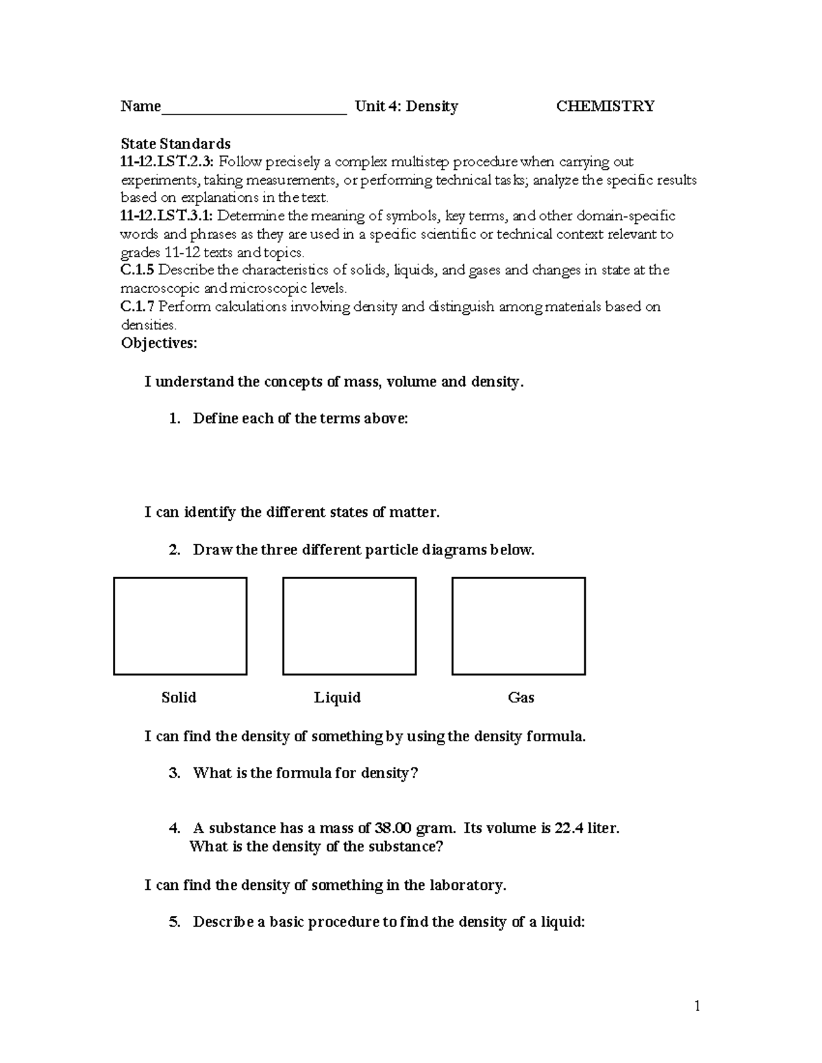 Chem X density 2017 Name_______________________ Unit 4 Density